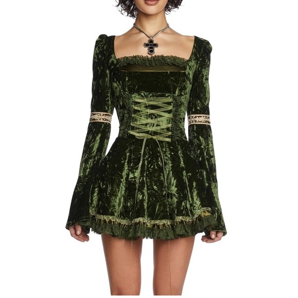 Dolls Kill Dress L Green Velour Fairy Renaissance Corset Petticoat Whimsigoth - Picture 1 of 16